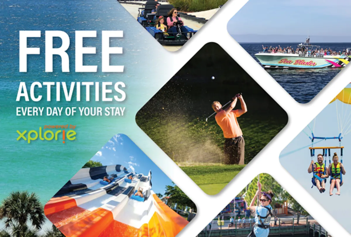 A vibrant collage of local activities featuring beachgoers enjoying the sand and surf, golfers on a lush green course, people boating on sparkling waters, families descending thrilling water slides, and adventurers soaring high while parasailing. The image radiates excitement and variety, capturing both high-energy and relaxing moments.