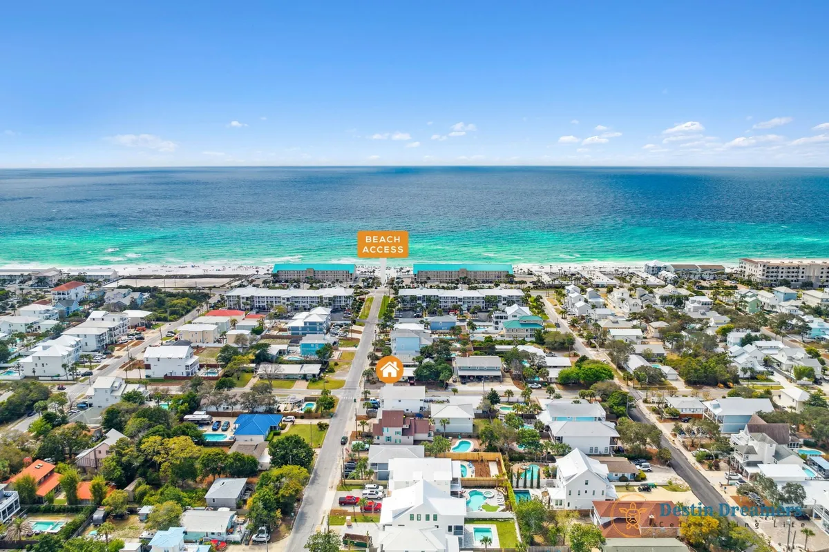 A sweeping view of the turquoise ocean and white sandy beach, with easy access points clearly visible. The scene also shows residential homes with pools and yards, set along peaceful, tree-lined streets. The lively, family-friendly atmosphere is palpable, inviting guests to enjoy the sun, sand, and surf just steps from their vacation home.